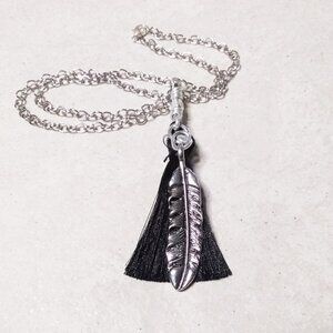 Large Silver Feather & Black Tassel - Cleavage Teaser - Handmade Chain Necklace